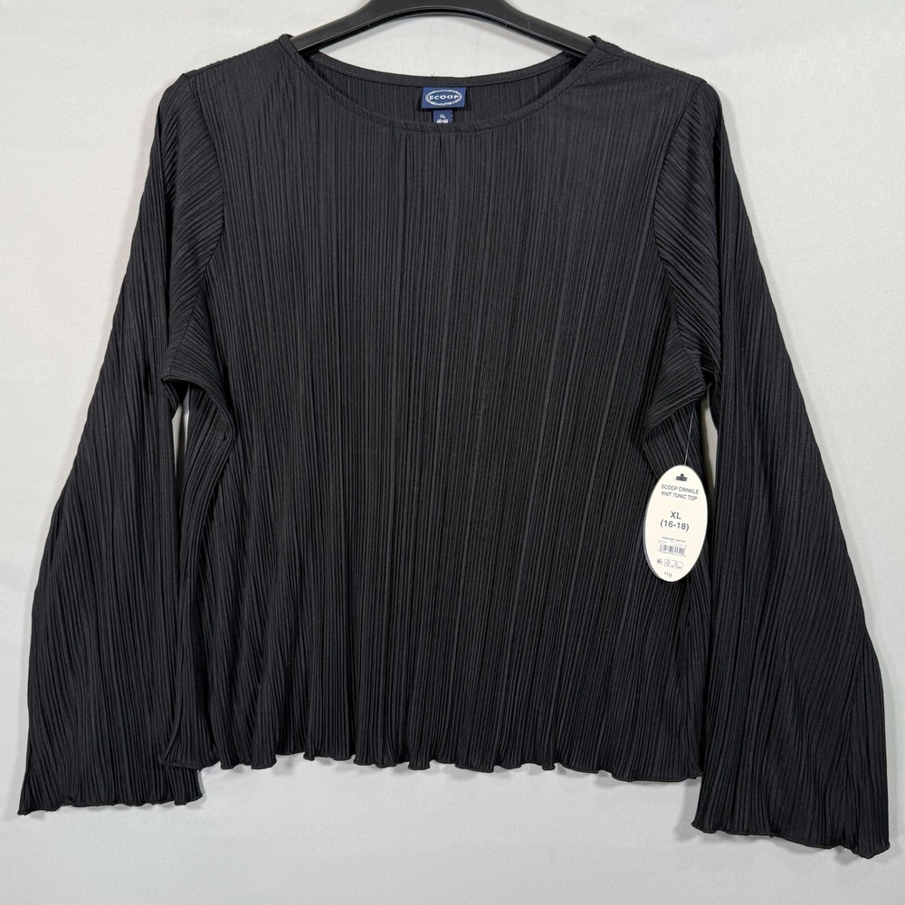 NWT Scoop Women's Crinkle Knit Tunic Top Black XL 16-18 Chest‎ 49" L25" SL34.5"